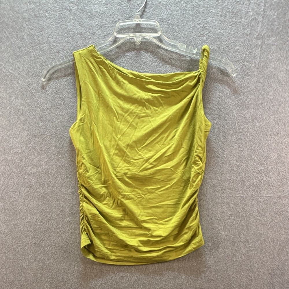 Womens Yellow One Shoulder Ruched Knit Tank Top Sleeveless Stretch Sz S